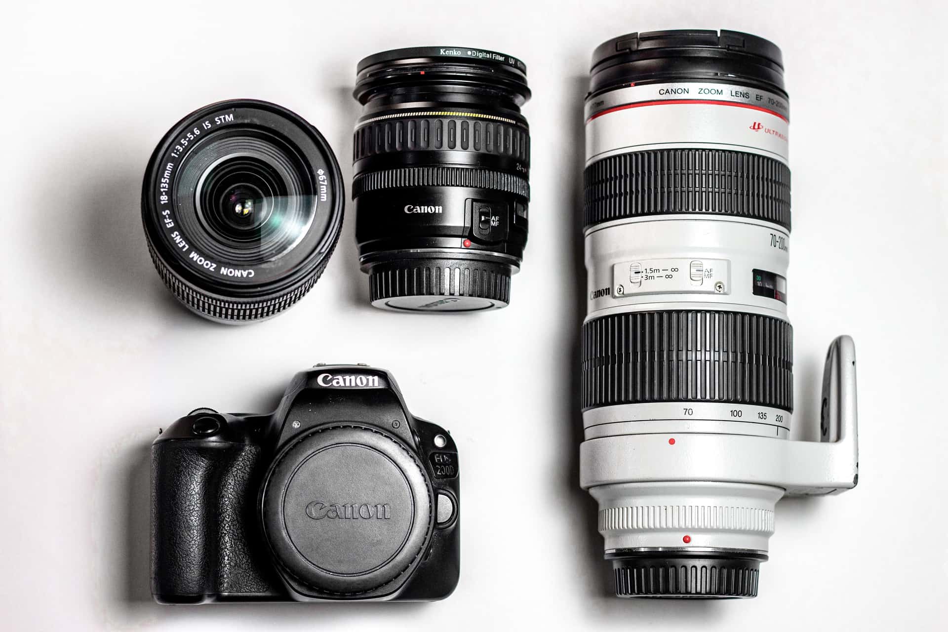 A beginner camera kit laid out with a lens and strap